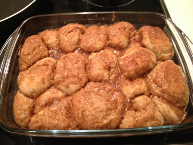 I also went through a phase (prompted by a photo or 2 taken by one of my culinarily creative sister-in-laws) that caused my brain to fixate on the warm, sweet, fluffy-ness of monkey bread. We don't have a round pan, so we made do... and it was gooooood!